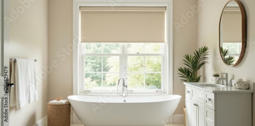 Beige blackout roller blind lowers over white shutters in modern bathroom , apartment, bathroom, design
