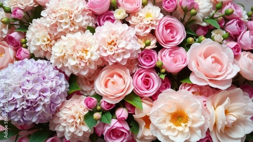 Fototapeta Naklejka Na Ścianę i Meble -  Vintage style artificial flowers wall background with lush, colorful blooms of roses, peonies, and hydrangeas in pastel tones, background, peonies
