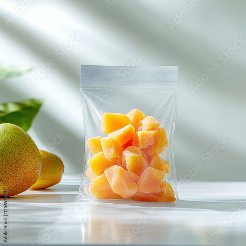 Wallpaper Mural Freeze dried mangoes, dried mangoes in transparent bag on white marble background. Freeze-dried fruit concept. Torontodigital.ca