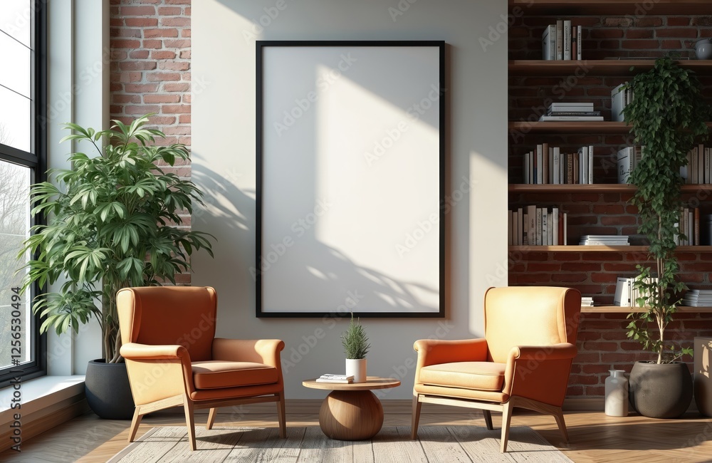 Empty black frame mock on wall in modern reading room with armchairs, bookshelf. Luxury apartment interior, mockup poster template, living room render with space to copy design. Minimalist style seat Empty black frame mock on wall in modern reading room with armchairs, bookshelf. Luxury apartment interior, mockup poster template, living room render with space to copy design. Minimalist style seat