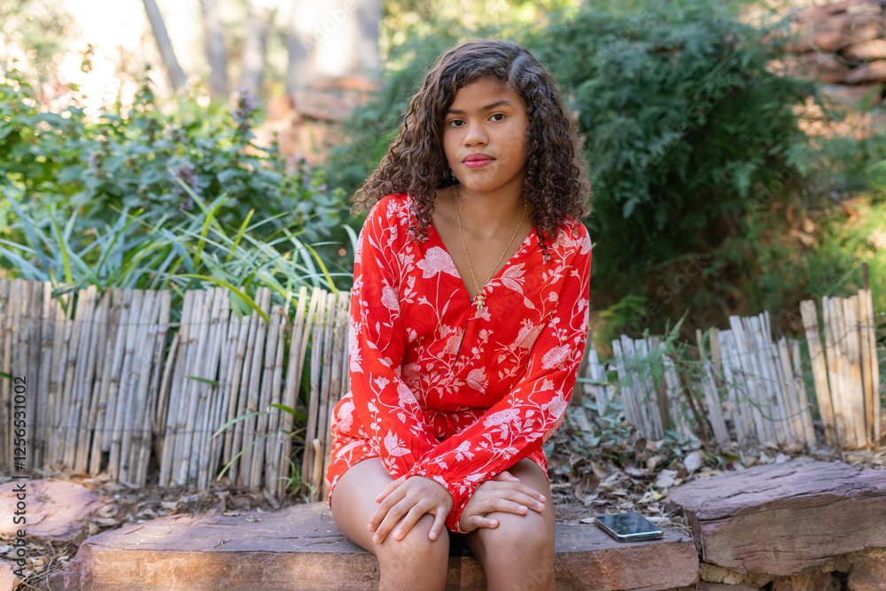 Naklejka premium Young woman sitting in a garden wearing a red floral playsuit