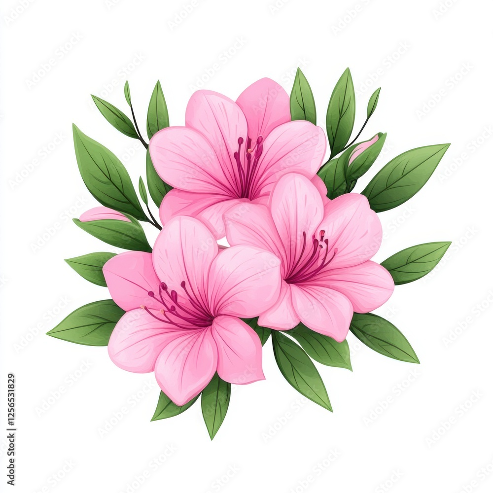 Obraz premium Beautiful Pink Flowers with Green Leaves on a White Background for Floral Design and Decoration Purposes