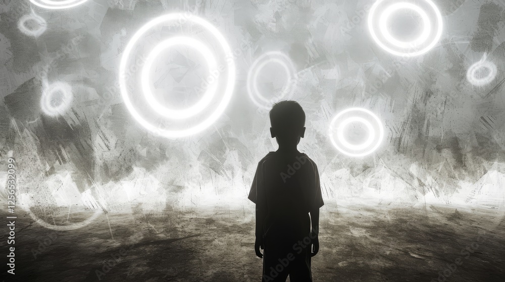 A child stands silhouetted in a shadowy environment, gazing at glowing white circular patterns on a textured background, creating a sense of awe and imagination. AI generated. A child stands silhouetted in a shadowy environment, gazing at glowing white circular patterns on a textured background, creating a sense of awe and imagination. AI generated.