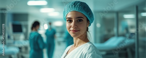 Confident female nurse in scrubs in hospital ward photo