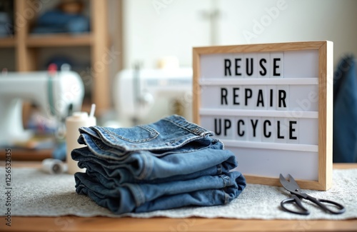 Stack of folded blue jeans near light board with text Reuse Repair Upcycle. Sewing machines background. Denim clothes, old jeans, threads and sewing tools on table in studio for upcycling concept. photo