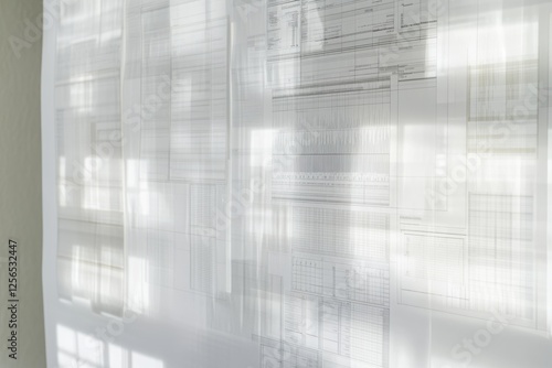 Sunlit translucent sheets displaying numerous grids and charts, likely blueprints or technical drawings.