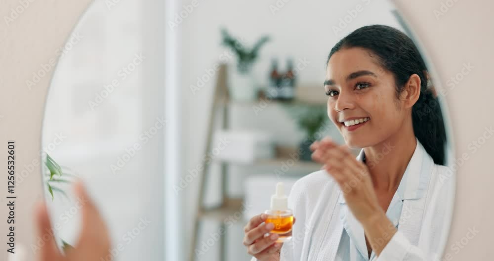 Serum, mirror and skincare with woman in bathroom for morning routine, beauty and hydration. Reflection, grooming and cleaning with person at home for self care product, hygiene and cosmetics. Serum, mirror and skincare with woman in bathroom for morning routine, beauty and hydration. Reflection, grooming and cleaning with person at home for self care product, hygiene and cosmetics.