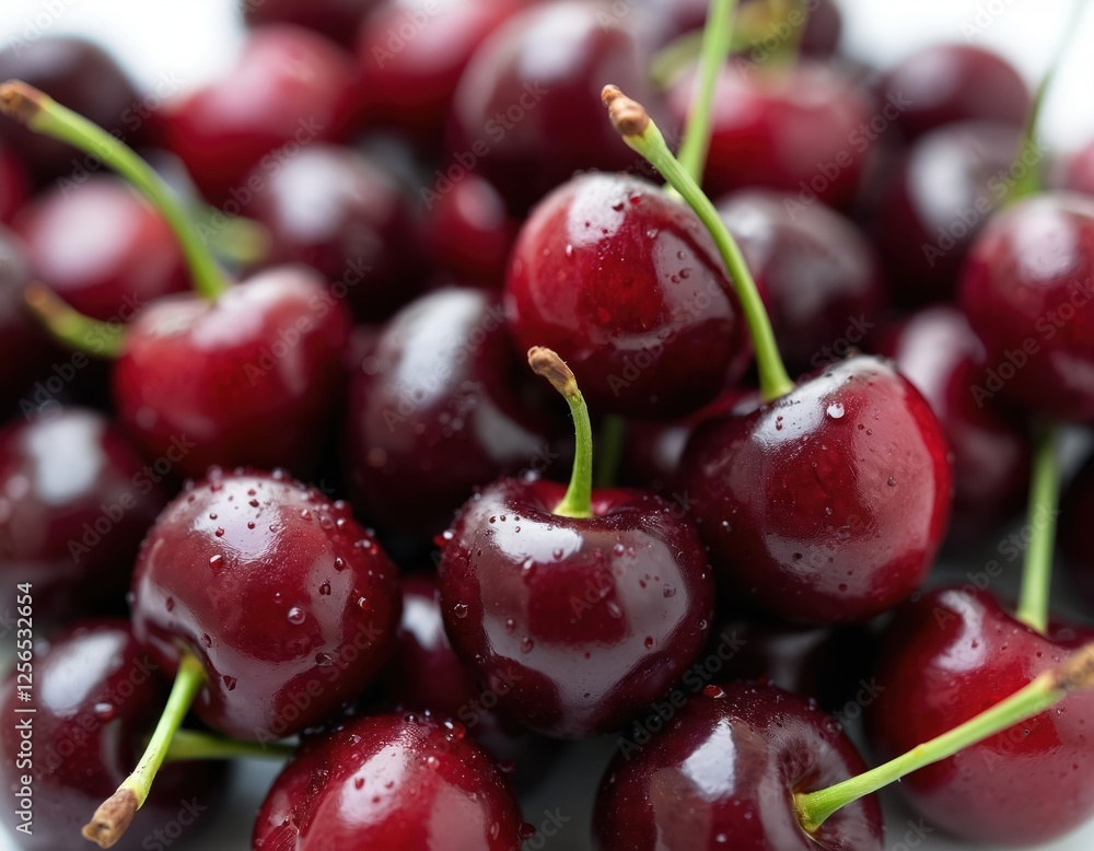 Close-up pile of fresh dark red cherries with water droplets on white background. Summer fruit harvest. Healthy, organic, sweet, juicy, tasty seasonal berries for jam or juice. Close-up pile of fresh dark red cherries with water droplets on white background. Summer fruit harvest. Healthy, organic, sweet, juicy, tasty seasonal berries for jam or juice.