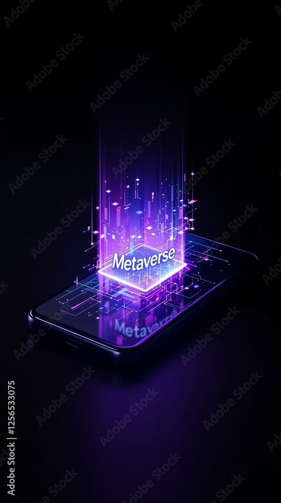 Metaverse large text on a smartphone display. Hologram emerging from its screen, resembling a gateway to another world of internet technologies and high-tech advancements. Futuristic concept Metaverse large text on a smartphone display. Hologram emerging from its screen, resembling a gateway to another world of internet technologies and high-tech advancements. Futuristic concept
