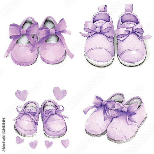 Pink baby shoes watercolor hand drawn collection