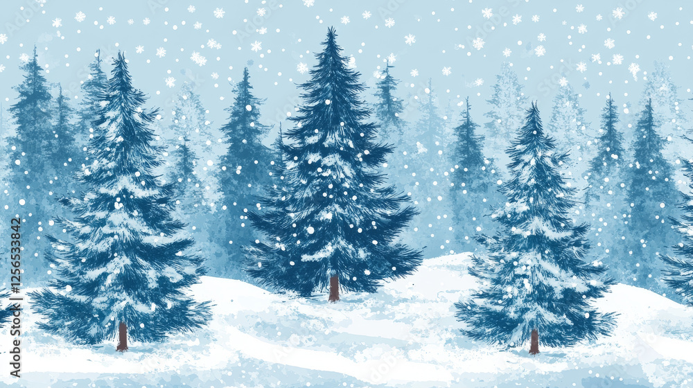 Christmas tree seamless pattern. Winter forest landscape with pine and fir tree, covered with snow on blue background. Christmas and New Year decor design Christmas tree seamless pattern. Winter forest landscape with pine and fir tree, covered with snow on blue background. Christmas and New Year decor design