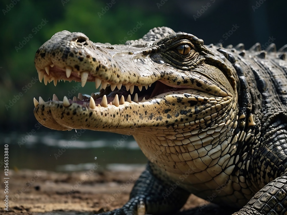 Obraz premium Fierce Crocodile Close Up in Freshwater Habitat Showcasing Jaws and Teeth