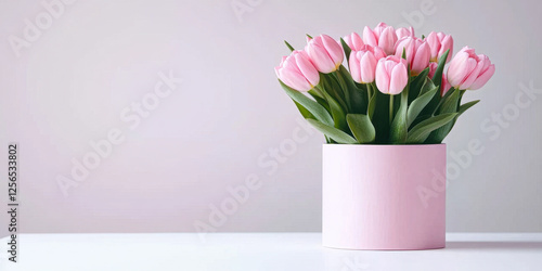 Wallpaper Mural Pink tulips in a hat box on a white background, aesthetically minimalistic delicate flowers with room for text. Concept minimalistic floral background. Torontodigital.ca