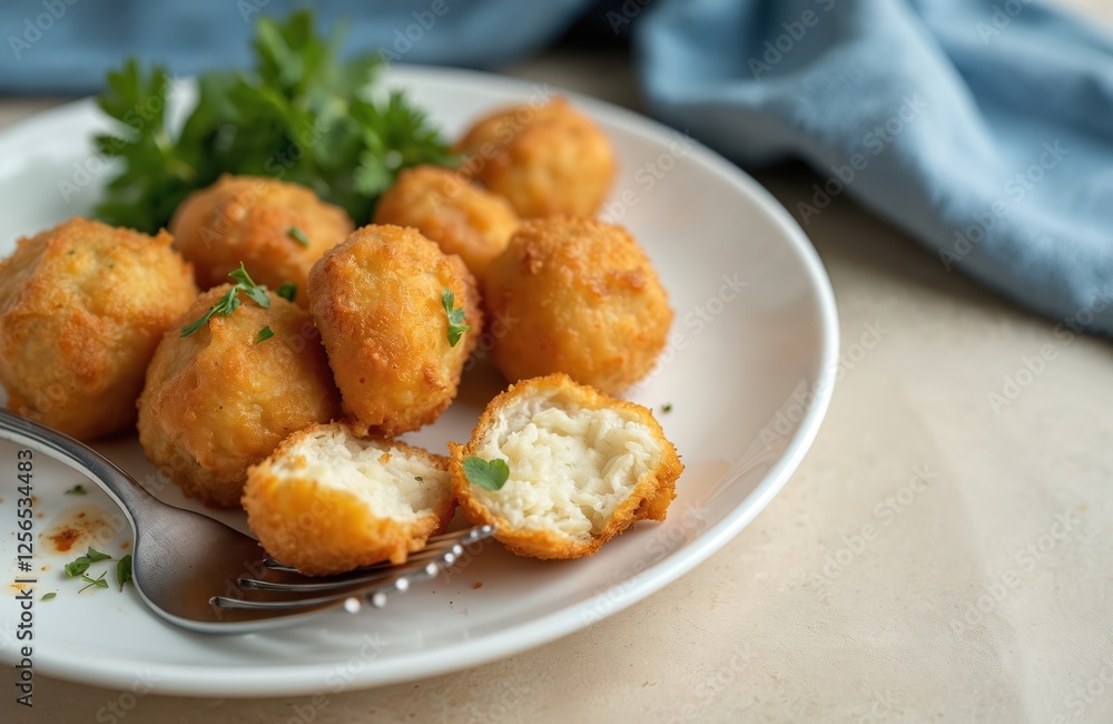Bolinhos de bacalhau served on plate with parsley garnish. Famous Portuguese gastronomy, salted cod fritters are delicious seafood snack. Fried dumpling appetizers, bacalao bunuelos served with fork. Bolinhos de bacalhau served on plate with parsley garnish. Famous Portuguese gastronomy, salted cod fritters are delicious seafood snack. Fried dumpling appetizers, bacalao bunuelos served with fork.