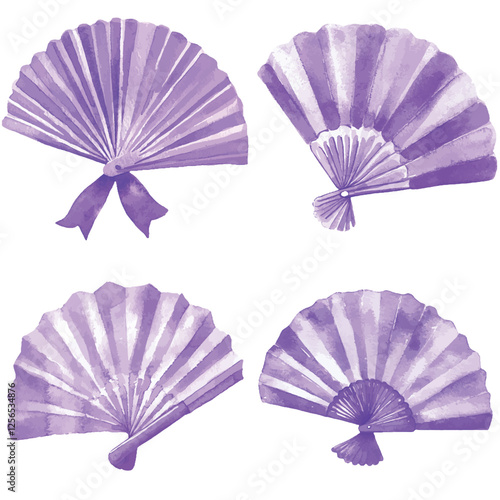 Pink hand fan watercolor set hand drawn