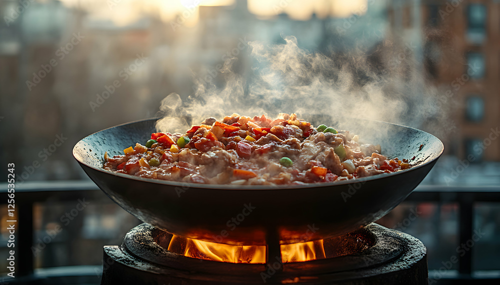 Steaming wok of delicious stir-fry cooking over an open fire outdoors, city background. Steaming wok of delicious stir-fry cooking over an open fire outdoors, city background.