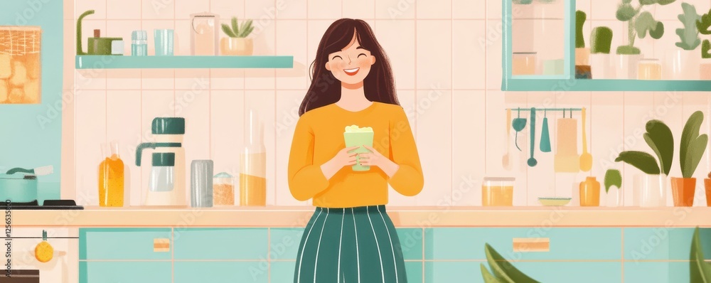 Smiling young caucasian female enjoying a beverage in a modern kitchen with plants Smiling young caucasian female enjoying a beverage in a modern kitchen with plants