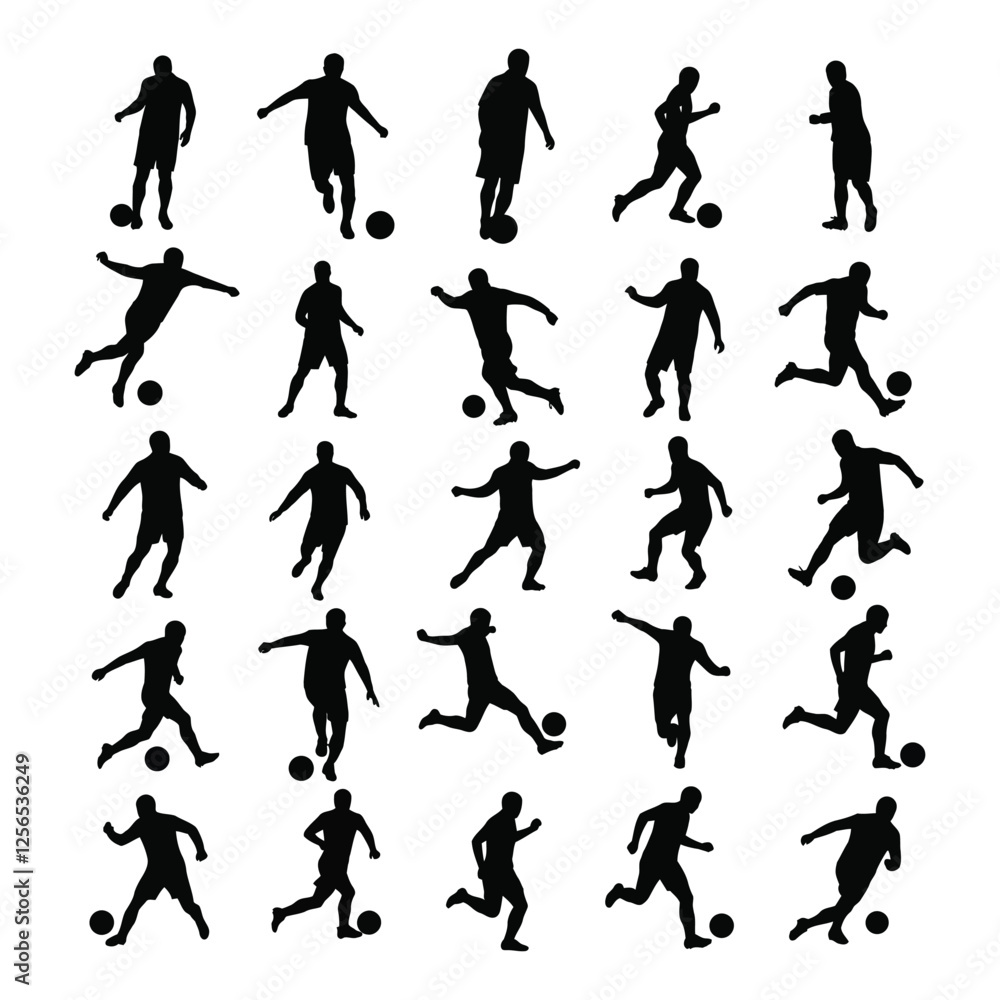 Vector set of football, soccer players ,Vector silhouette football player different pose with white background Vector set of football, soccer players ,Vector silhouette football player different pose with white background