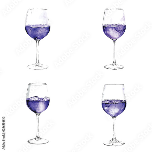 glass of rose wine watercolor hand drawn illustration concept