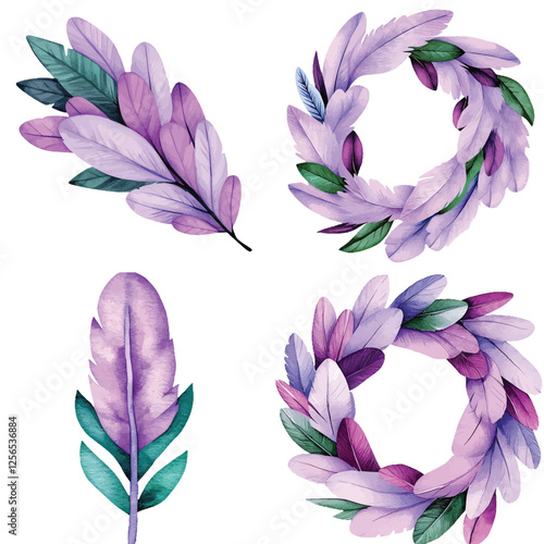 Pink feather boa watercolor hand drawn set collection