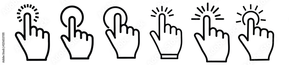 Computer mouse cursor icon set. Hand click icon. Set of hand clicks with shadow on white background. Cursor click, pointing hand click icons. Touch or click icon stock vector design. Computer mouse cursor icon set. Hand click icon. Set of hand clicks with shadow on white background. Cursor click, pointing hand click icons. Touch or click icon stock vector design.