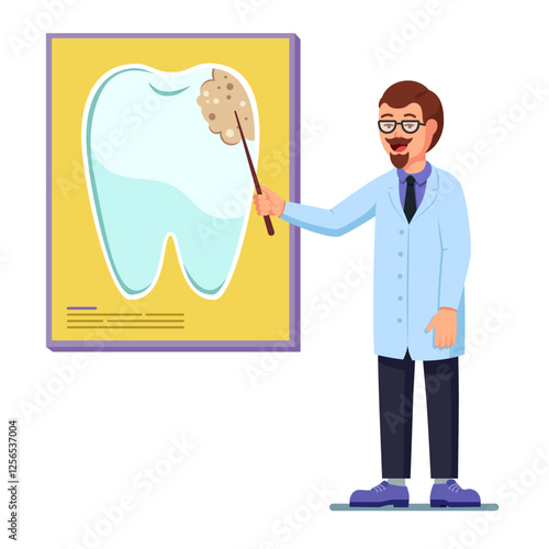 Understanding dental caries, doctor showing tooth problem on poster. Flat style illustration