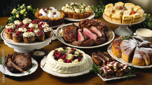 Austrian and swiss cuisine dishes icon set. Baked meat with fruit and cream sauce, beef vegetable stew, soup with cheese and beer, potato noodle and dumpling, chocolate cake and mousse, almond cookie photo