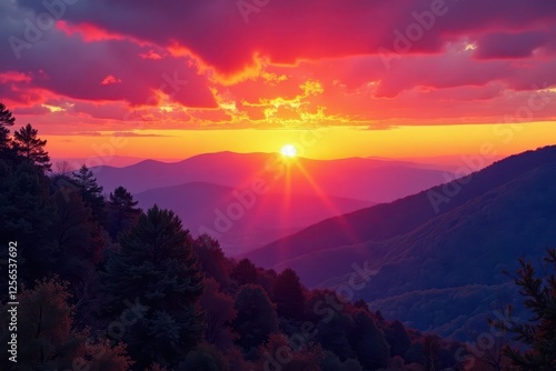 Blazing sunset paints Western NC mountains fiery orange and purple , panorama, dramatic