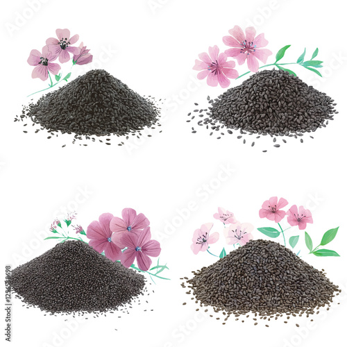 pile of black seeds and cumin flower watercolor hand drawn illustration concept