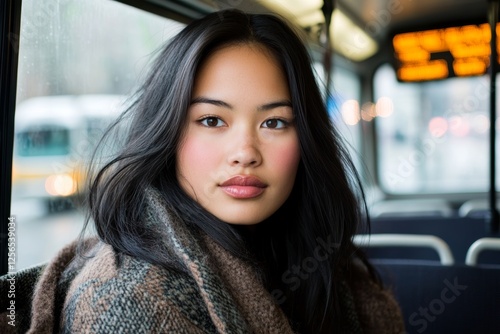 Young asian female sitting in a warm sweater on a bus with soft lighting photo