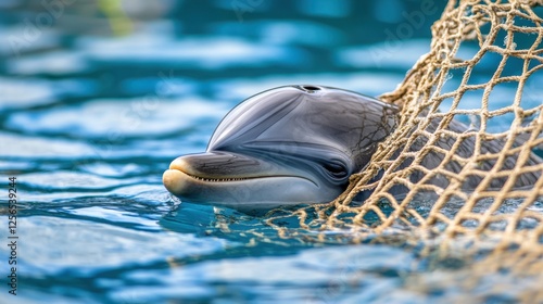 Dolphin's head surfacing, entangled in a beige fishing net, in clear blue water. photo