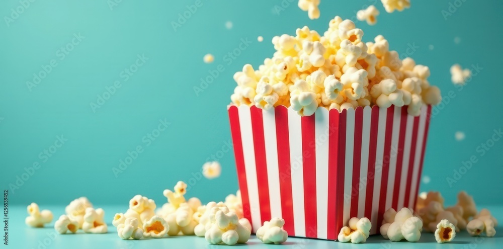 Overflowing popcorn bursts from classic red & white striped box, sweet, snack Overflowing popcorn bursts from classic red & white striped box, sweet, snack