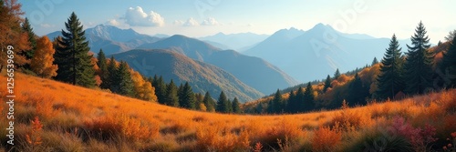 Rolling hills, vibrant forest carpet, distant peaks, woods, background, backdrop