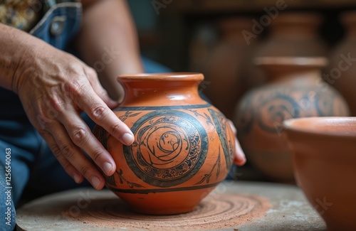 Close-up of artisan hands hold crafted red clay pottery with traditional black mayan drawing designs. Hand-made pot with ornament from folk art. Souvenir from mexican market travel tour. photo