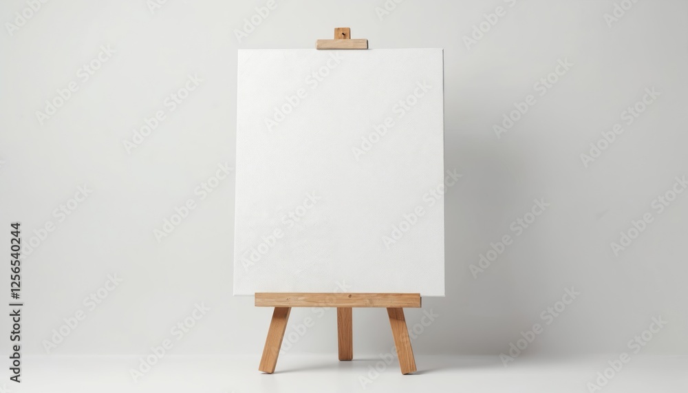Mockup of blank canvas on wooden easel, set against plain white background. Perfect for art-related content, design workshops. Empty canvas template with clean look on simple stand. Mockup of blank canvas on wooden easel, set against plain white background. Perfect for art-related content, design workshops. Empty canvas template with clean look on simple stand.