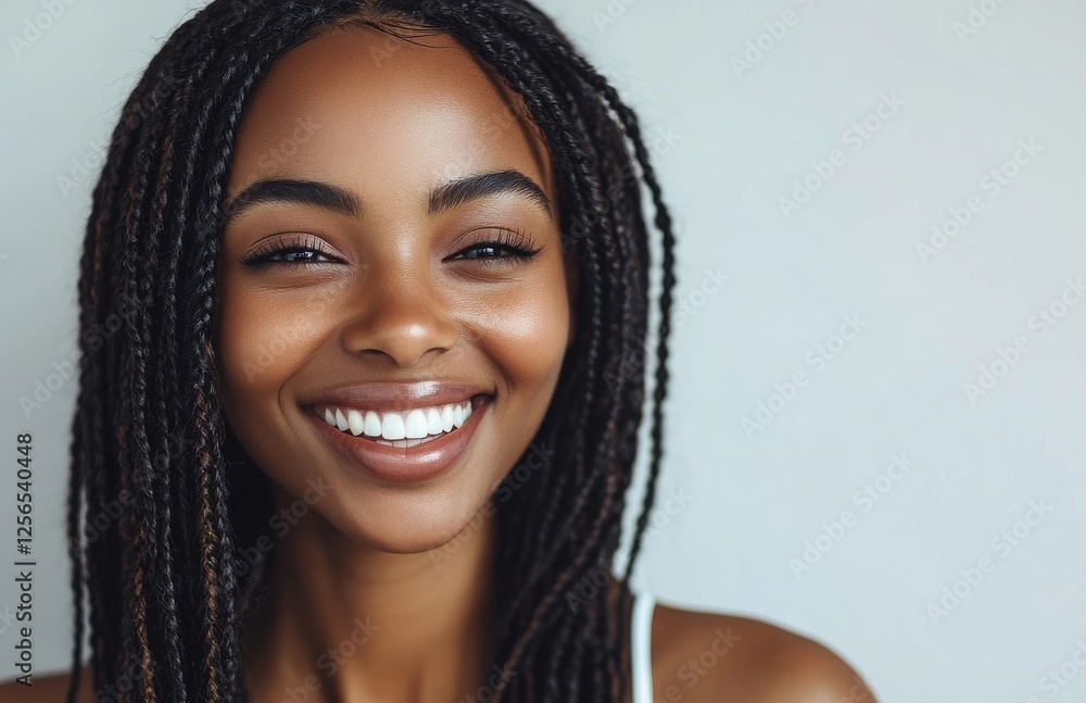Smiling woman with long braids embracing happiness and positivity indoors Smiling woman with long braids embracing happiness and positivity indoors