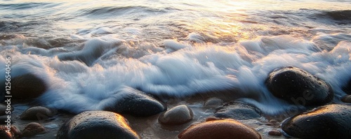 Serene ocean waves gently crashing over smooth rocks at sunset