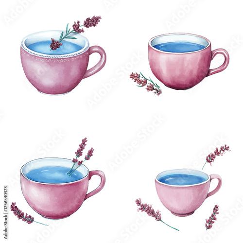 Purple teacup watercolor set hand drawn