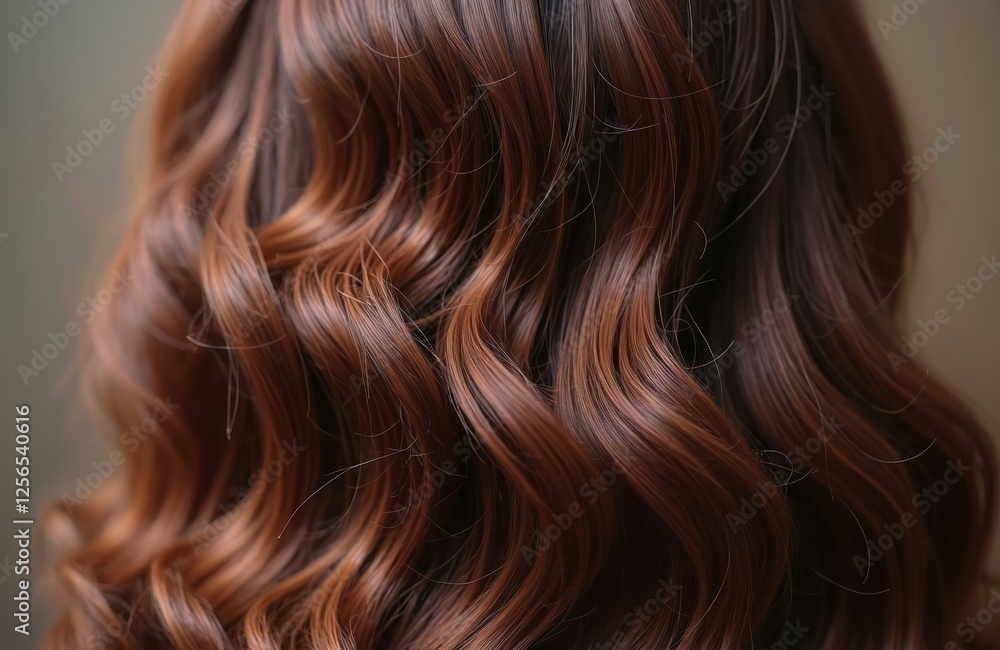 Close-up shot of wavy brown hair styled in shiny curls. Hair coloring, hairdressing, extension and lamination procedures. Brown, maroon colors. Texture hair care for fair-haired woman, girl. Close-up shot of wavy brown hair styled in shiny curls. Hair coloring, hairdressing, extension and lamination procedures. Brown, maroon colors. Texture hair care for fair-haired woman, girl.