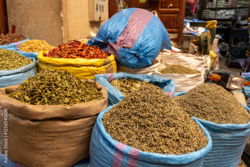 Fototapeta Naklejka Na Ścianę i Meble -  Spice shop, in Marrakech Medina, souks of spices.