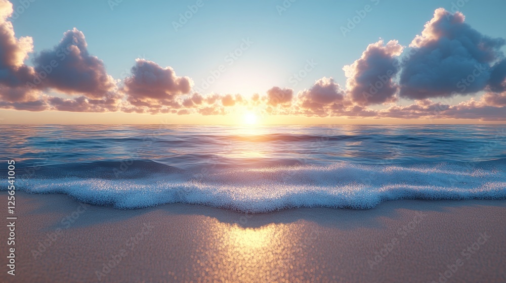 Fototapeta premium Serene sunset over a calm ocean with gentle waves lapping at a sandy beach, evoking tranquility