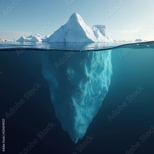 Half underwater iceberg melts in clean ocean, alluding to global warming, climate change, glacier melts, concealed dangers. Generative AI demonstrates ecological problems. Environmental disaster photo