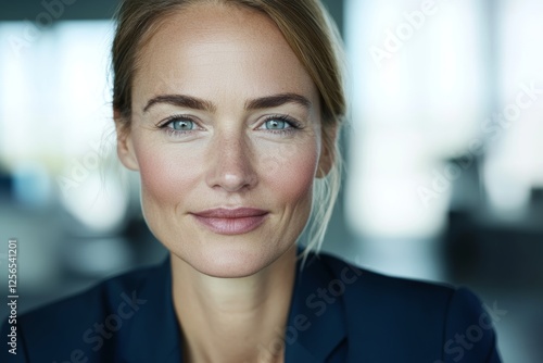 Confident caucasian female adult with blue eyes in professional attire