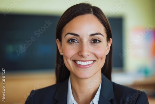 Smiling hispanic female adult teacher in classroom setting photo