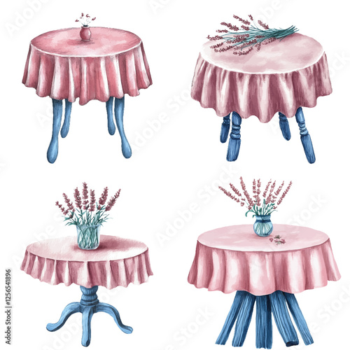 Small table with purple tablecloth watercolor set hand drawn