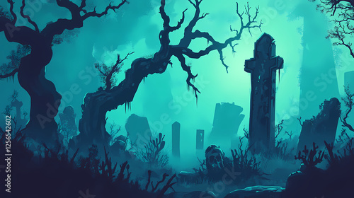 Eldritch horro foggy graveyard bending trees. Eldritch Coral Reefs. Illustration photo