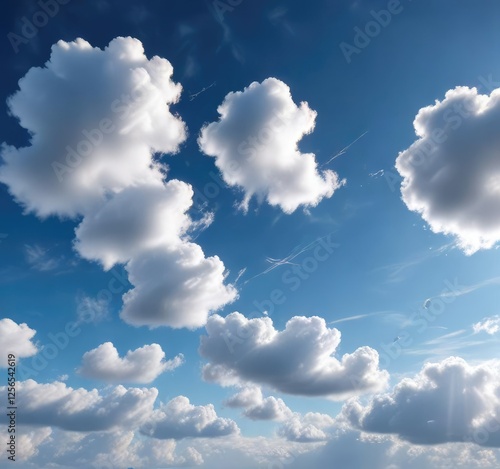 Clouds of varying shapes and sizes drift lazily across a clear blue sky, with a few wispy strands stretching out from the windowpane , vaporous masses, blue sky, airy textures photo