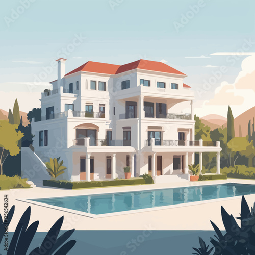 Luxury Villa with Swimming Pool: An artistic rendering showcases an exquisite luxury villa, complete with a pristine swimming pool, lush landscaping, and panoramic views.