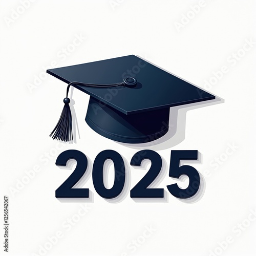 Class of 2025 visual text design. Graduation cap with tassel on white background. Elegant design for academic achievement, diploma. Modern banner style celebration visual for scholar in future.