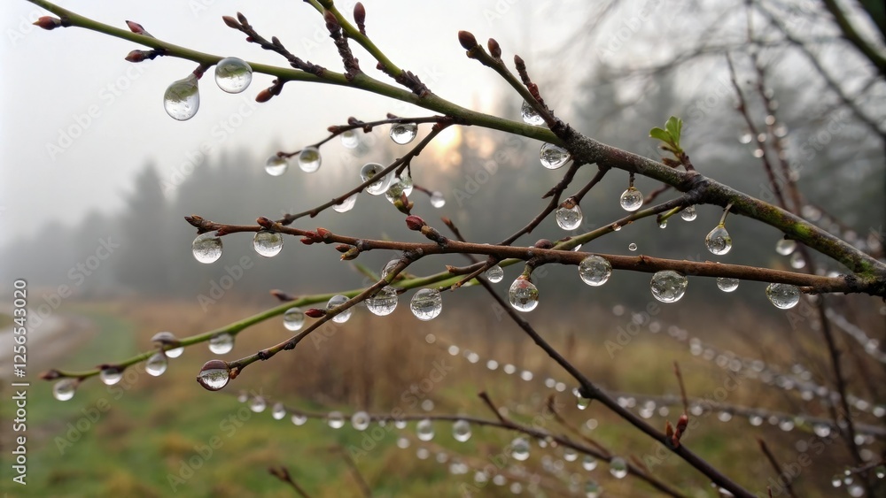 Clusters of dew drops on branch ends, frosty mornings, tree branches Clusters of dew drops on branch ends, frosty mornings, tree branches